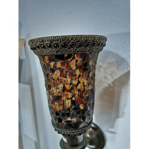 95 - Pair of bronze effect amber glass mosaic candle wall sconces. Both in excellent condition. Measures ... 