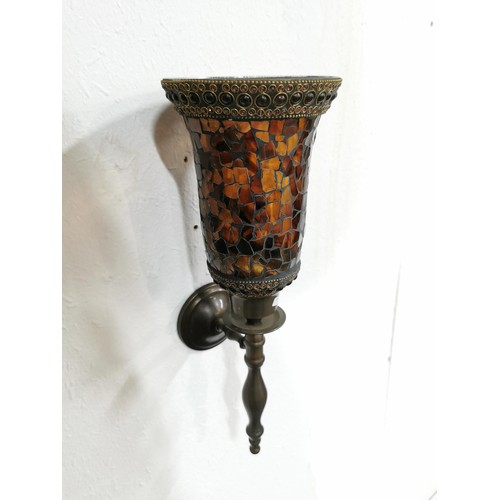 95 - Pair of bronze effect amber glass mosaic candle wall sconces. Both in excellent condition. Measures ... 