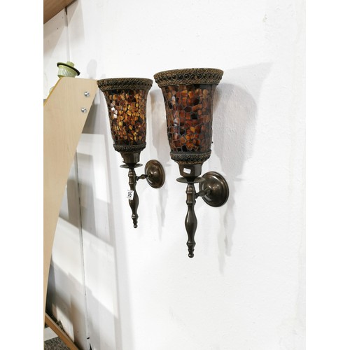 95 - Pair of bronze effect amber glass mosaic candle wall sconces. Both in excellent condition. Measures ... 