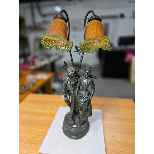 238 - A pretty vintage figural table lamp with double division lights and shades, the figural lamp depicts... 