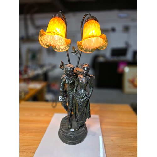 238 - A pretty vintage figural table lamp with double division lights and shades, the figural lamp depicts... 