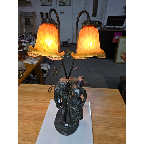 238 - A pretty vintage figural table lamp with double division lights and shades, the figural lamp depicts... 