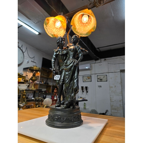 238 - A pretty vintage figural table lamp with double division lights and shades, the figural lamp depicts... 