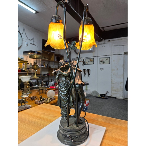 238 - A pretty vintage figural table lamp with double division lights and shades, the figural lamp depicts... 