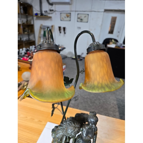 238 - A pretty vintage figural table lamp with double division lights and shades, the figural lamp depicts... 