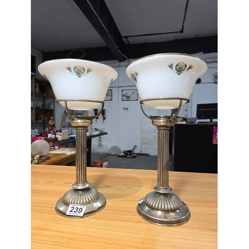 239 - Pair of good quality heavy silver plated French candle holders with a pair of pretty glass opaline g... 