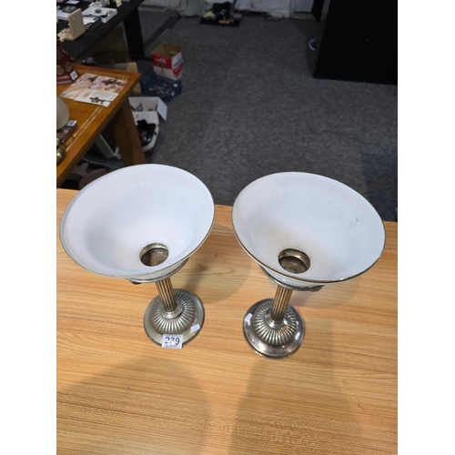 239 - Pair of good quality heavy silver plated French candle holders with a pair of pretty glass opaline g... 