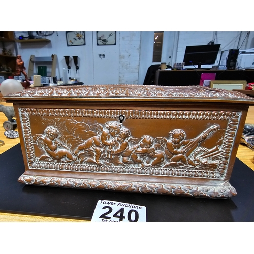 240 - Good quality ornate antique copper writing casket with an embossed design depicting classical scenes... 