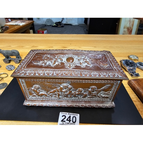 240 - Good quality ornate antique copper writing casket with an embossed design depicting classical scenes... 