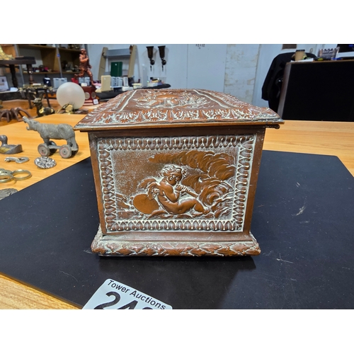 240 - Good quality ornate antique copper writing casket with an embossed design depicting classical scenes... 