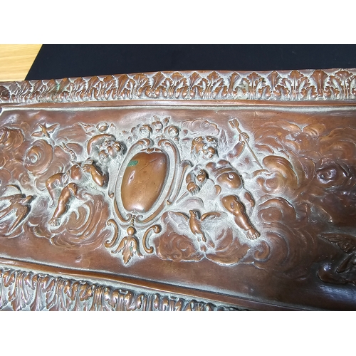 240 - Good quality ornate antique copper writing casket with an embossed design depicting classical scenes... 