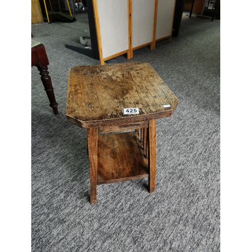 425 - A small sheesham metal bound side table along with a smaller vintage oak side table with shelf on th... 