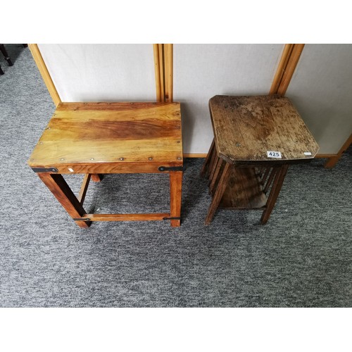 425 - A small sheesham metal bound side table along with a smaller vintage oak side table with shelf on th... 