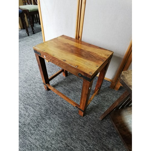 425 - A small sheesham metal bound side table along with a smaller vintage oak side table with shelf on th... 