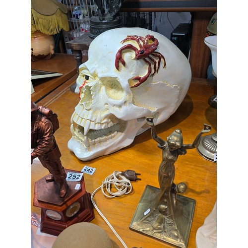 242 - Very Large and Impressive Painted Fibreglass Skull Ornament featuring a scorpion to the top of the s... 