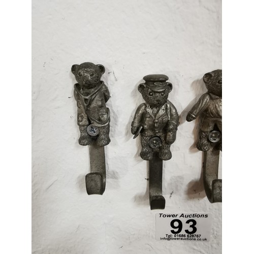 93 - 5x individual teddy bear formed metal coat hooks Measures 8cm in length.