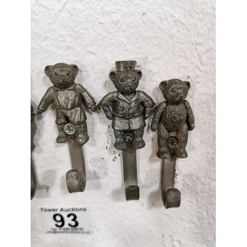 93 - 5x individual teddy bear formed metal coat hooks Measures 8cm in length.