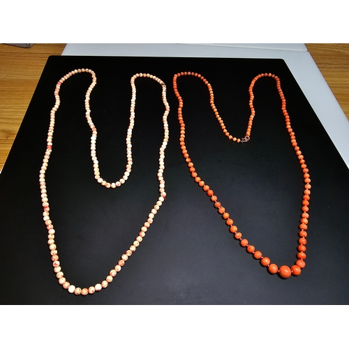 188 - 2x Good Quality Vintage Natural Coral Beaded Necklaces along with a Lapis Lazuli beaded necklace. Fe... 