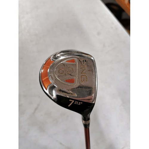 6 - A Ping G10 7 golf wood (includes sock) along with a Ping G10 4 and 5 gold irons, all in good conditi... 