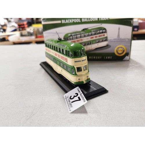 37 - A boxed Atlas Blackpool Balloon Tram, 1960, scale 176 diecast tram advertising Bruce Forsyth with hi... 