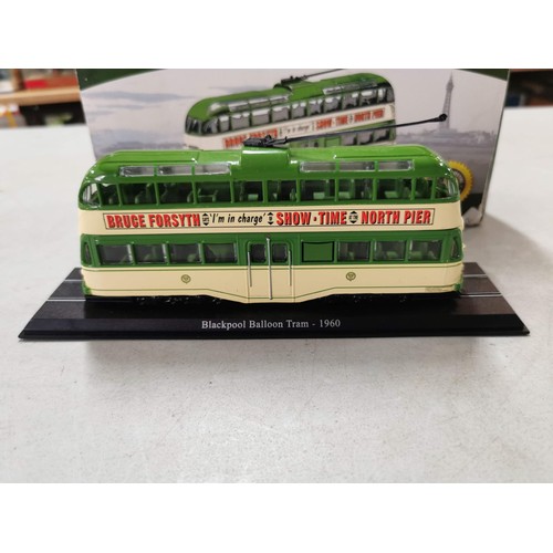 37 - A boxed Atlas Blackpool Balloon Tram, 1960, scale 176 diecast tram advertising Bruce Forsyth with hi... 