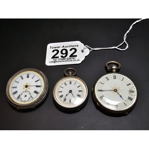 292 - 3x solid silver fob watches, all with ornate designs. All the pocket watches are untested and one is... 