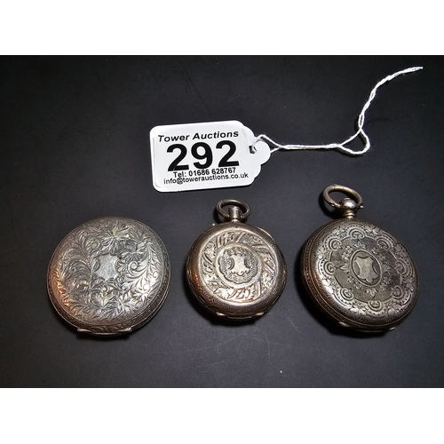 292 - 3x solid silver fob watches, all with ornate designs. All the pocket watches are untested and one is... 