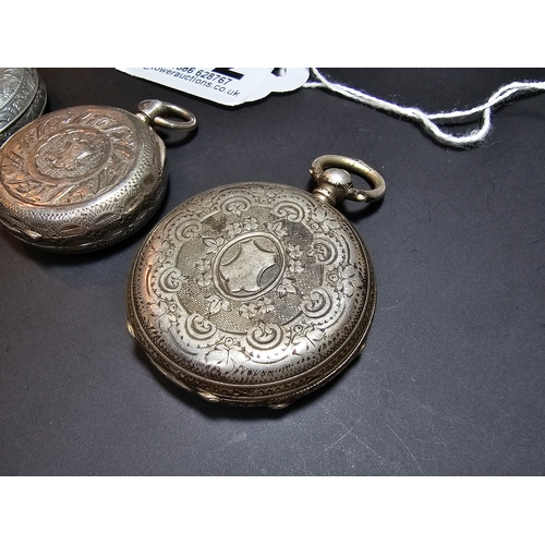 292 - 3x solid silver fob watches, all with ornate designs. All the pocket watches are untested and one is... 