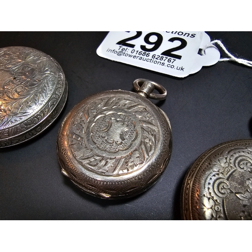 292 - 3x solid silver fob watches, all with ornate designs. All the pocket watches are untested and one is... 