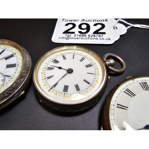 292 - 3x solid silver fob watches, all with ornate designs. All the pocket watches are untested and one is... 