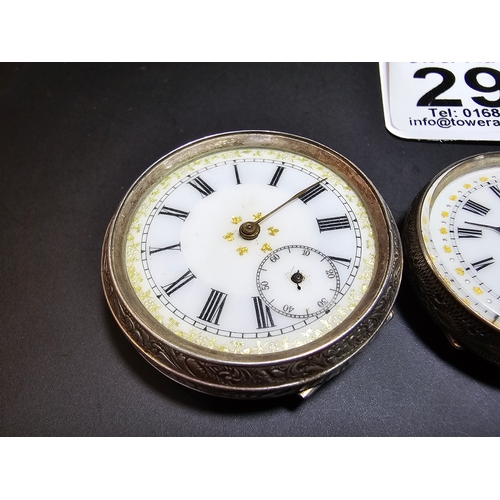 292 - 3x solid silver fob watches, all with ornate designs. All the pocket watches are untested and one is... 