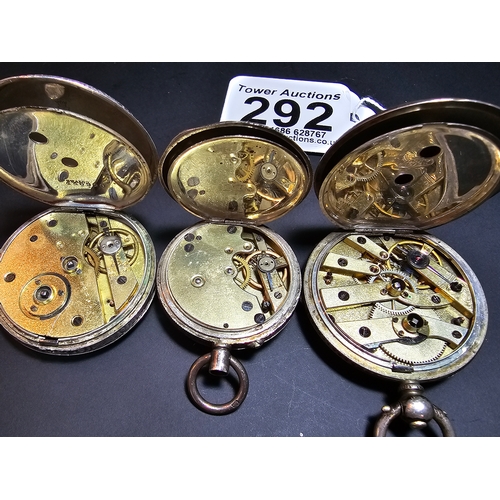 292 - 3x solid silver fob watches, all with ornate designs. All the pocket watches are untested and one is... 