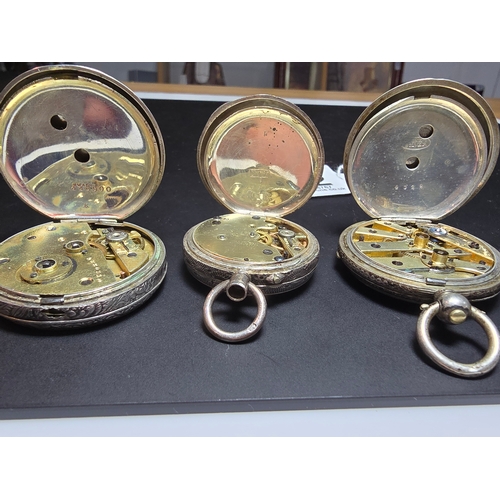 292 - 3x solid silver fob watches, all with ornate designs. All the pocket watches are untested and one is... 