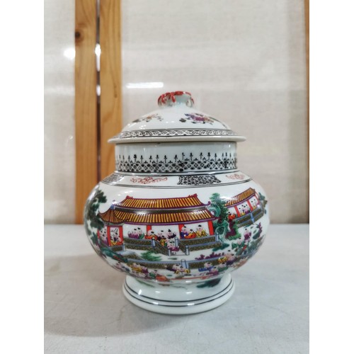 64 - Large ceramic lidded Chinese pot with poem to the side and hand painted populated scene to the other... 