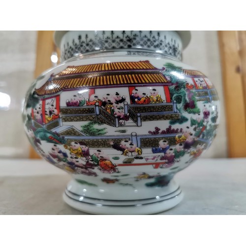 64 - Large ceramic lidded Chinese pot with poem to the side and hand painted populated scene to the other... 