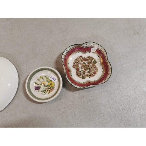 66 - Collection of ceramic plates and pin dishes inc a 18th century green and gilded hand painted saucer,... 