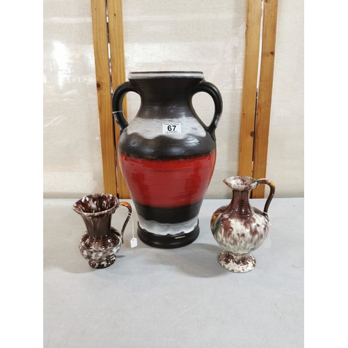 67 - Large multi coloured West German double handled urn 741-40 along with 2x West German drip glaze jugs... 