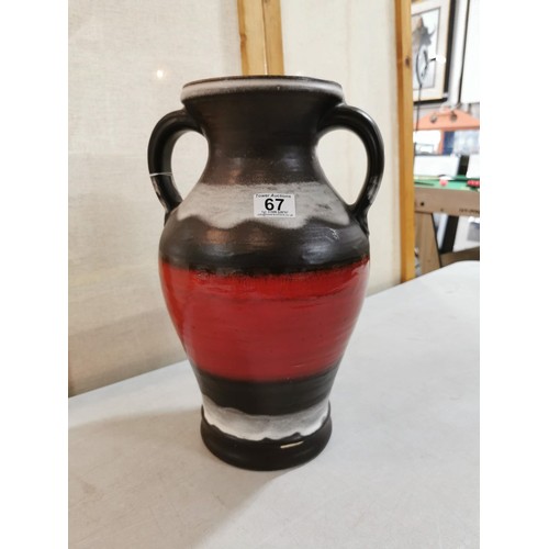 67 - Large multi coloured West German double handled urn 741-40 along with 2x West German drip glaze jugs... 