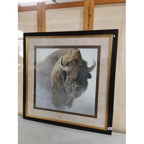 89 - Large frame glazed and mounted Robert Bateman 1987 print of a Buffalo coming out of the mist in good... 