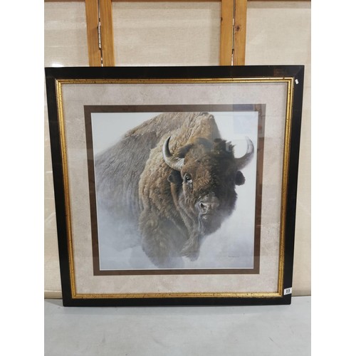 89 - Large frame glazed and mounted Robert Bateman 1987 print of a Buffalo coming out of the mist in good... 