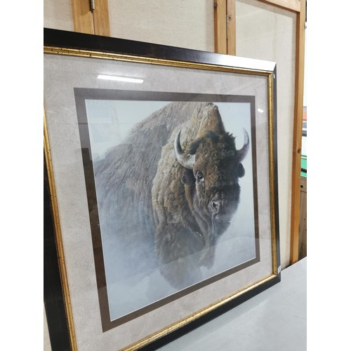 89 - Large frame glazed and mounted Robert Bateman 1987 print of a Buffalo coming out of the mist in good... 