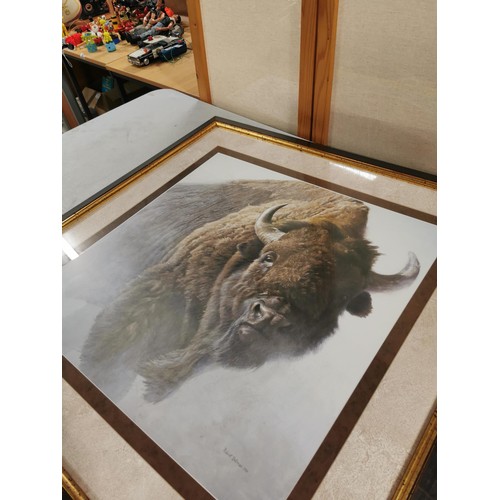 89 - Large frame glazed and mounted Robert Bateman 1987 print of a Buffalo coming out of the mist in good... 