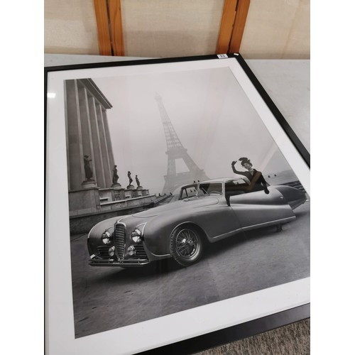 93 - Framed and glazed print of a Delahaye 175 car from the 1947 Paris Motor Show, with the Eiffel tower ... 