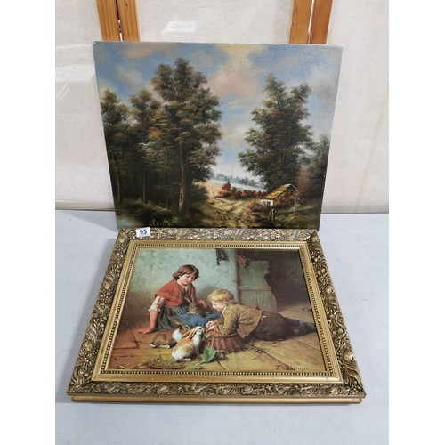 95 - Gilt framed print of a children scene along with a canvas oil picture of a country scene largest mea... 