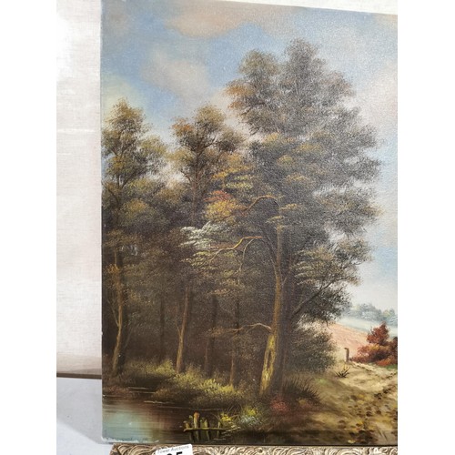 95 - Gilt framed print of a children scene along with a canvas oil picture of a country scene largest mea... 