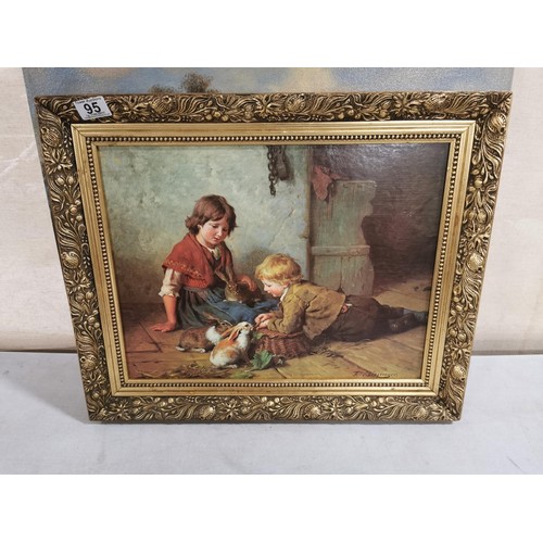 95 - Gilt framed print of a children scene along with a canvas oil picture of a country scene largest mea... 