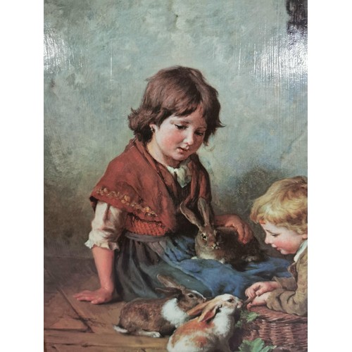 95 - Gilt framed print of a children scene along with a canvas oil picture of a country scene largest mea... 