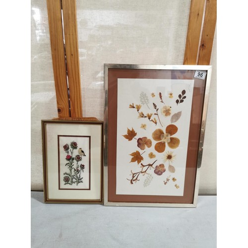 96 - 2x framed and glazed pictures inc a dried flower picture along with a tapestry picture of a bird on ... 