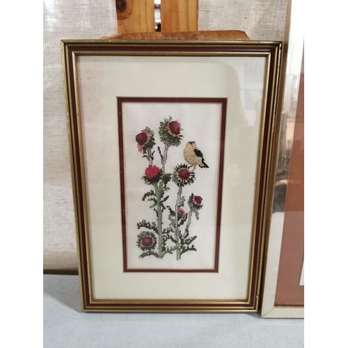 96 - 2x framed and glazed pictures inc a dried flower picture along with a tapestry picture of a bird on ... 