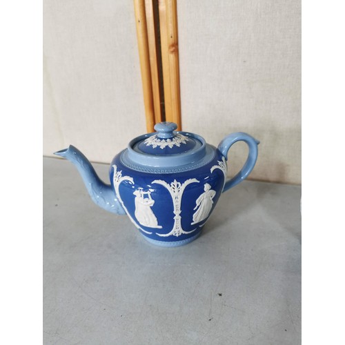 105 - Good quality Dudson pottery jasper ware teapot in good order along with a matching jug along with a ... 